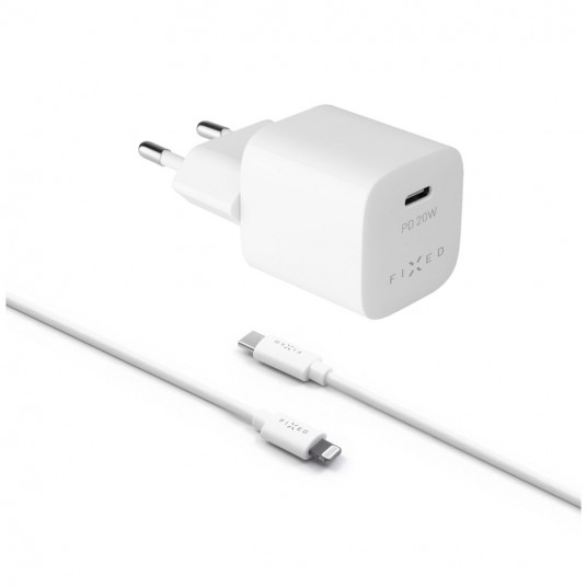  FIXED Mini USB-C Travel Charger 20W+ USB-C/Lightning Cable, White 