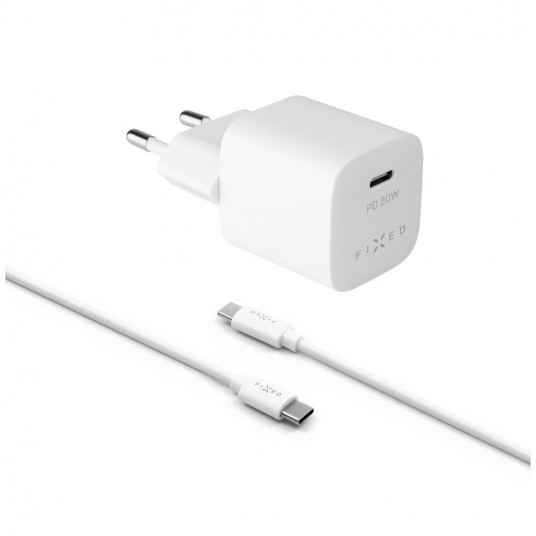  FIXED Mini Travel Charger 20W+ USB-C/USB-C Cable, White 