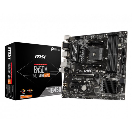 Mainboard|MSI|AMD B450|SAM4|MicroATX|2xPCI-Express 2.0 1x|1xPCI-Express 3.0 16x|1xM.2|Memory DDR4|Memory slots 4|1x15pin D-sub|1xDVI|1xHDMI|4xUSB 2.0|4xUSB 3.2|1xPS/2|1xRJ45|3xAudio port|B450MPRO-VDHMAX