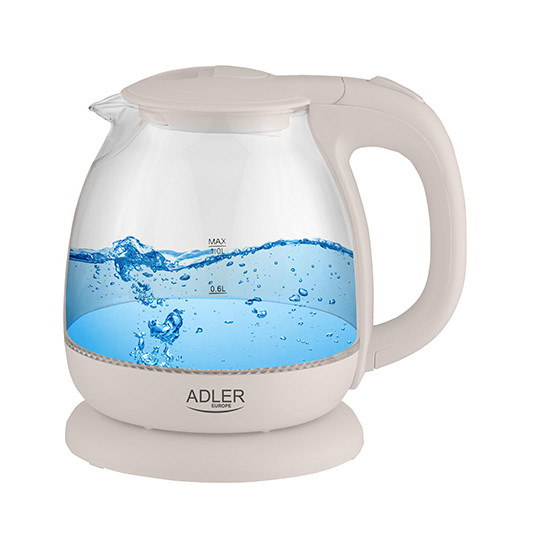  Adler Kettle AD 1283C Electric, 900 W, 1 L, Glass/Stainless steel, 360° rotational base, Cream 