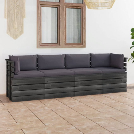 Keturvietė sodo sofa iš palečių su pagalvėlėmis, pušies mediena