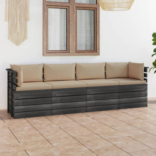 Keturvietė sodo sofa iš palečių su pagalvėlėmis, pušies mediena