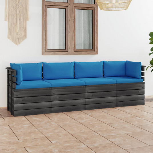 Keturvietė sodo sofa iš palečių su pagalvėlėmis, pušies mediena
