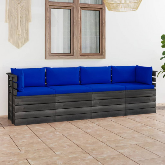 Keturvietė sodo sofa iš palečių su pagalvėlėmis, pušies mediena