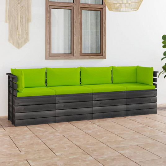 Keturvietė sodo sofa iš palečių su pagalvėlėmis, pušies mediena