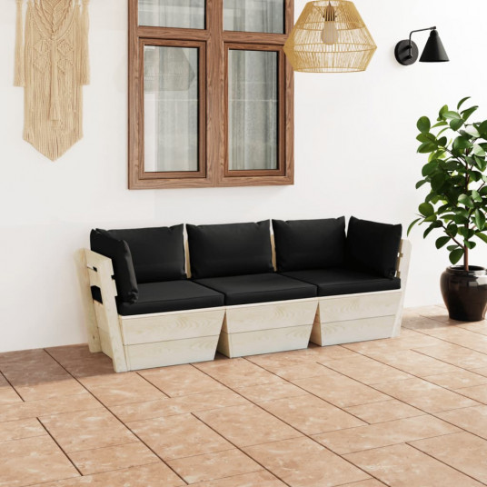 Trivietė sodo sofa iš palečių su pagalvėlėmis, eglės mediena