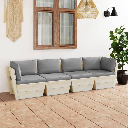 Keturvietė sodo sofa iš palečių su pagalvėlėmis, eglės mediena