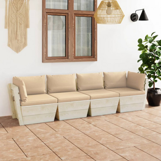 Keturvietė sodo sofa iš palečių su pagalvėlėmis, eglės mediena