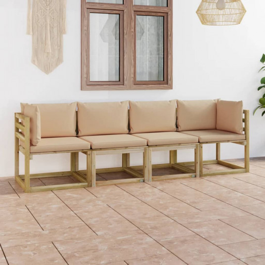 Keturvietė sodo sofa su smėlio spalvos pagalvėlėmis