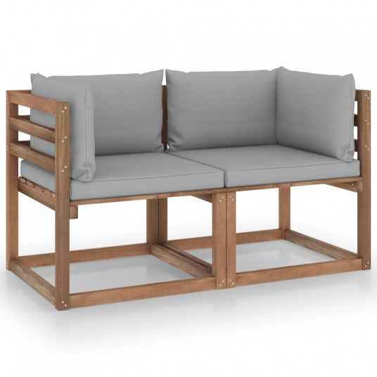 Dvivietė sodo sofa iš palečių su pilkomis pagalvėlėmis, eglė