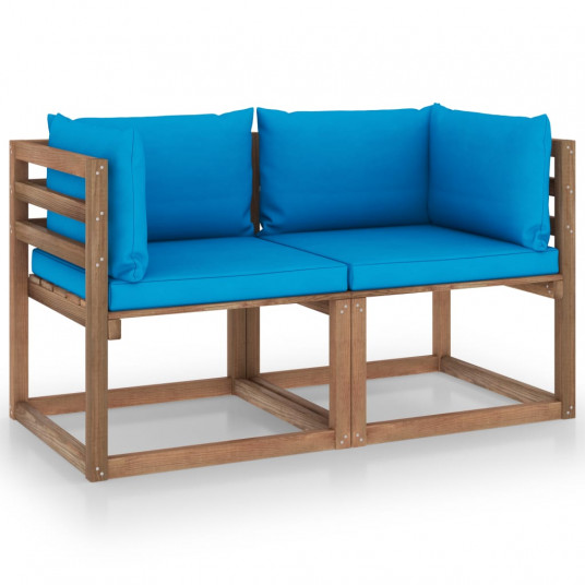 Dvivietė sodo sofa iš palečių su mėlynomis pagalvėlėmis, eglė