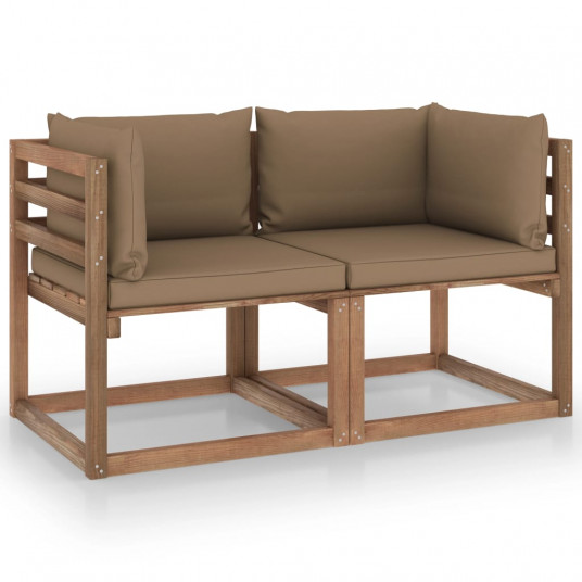 Dvivietė sodo sofa iš palečių su taupe pagalvėlėmis, eglė