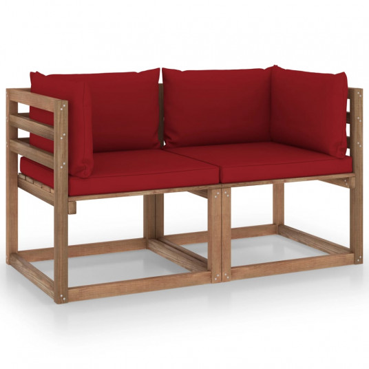 Dvivietė sodo sofa iš palečių su raudonomis pagalvėlėmis, eglė