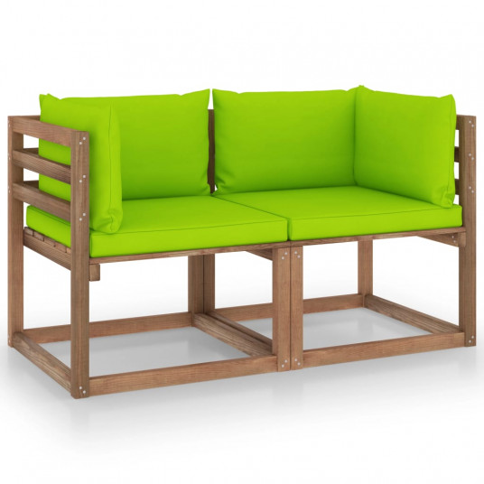Dvivietė sodo sofa iš palečių su žaliomis pagalvėlėmis, eglė