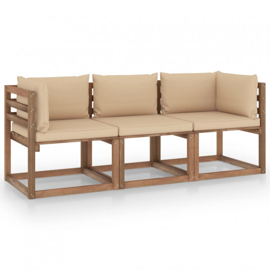 Trivietė sodo sofa iš palečių su smėlio pagalvėlėmis, eglė
