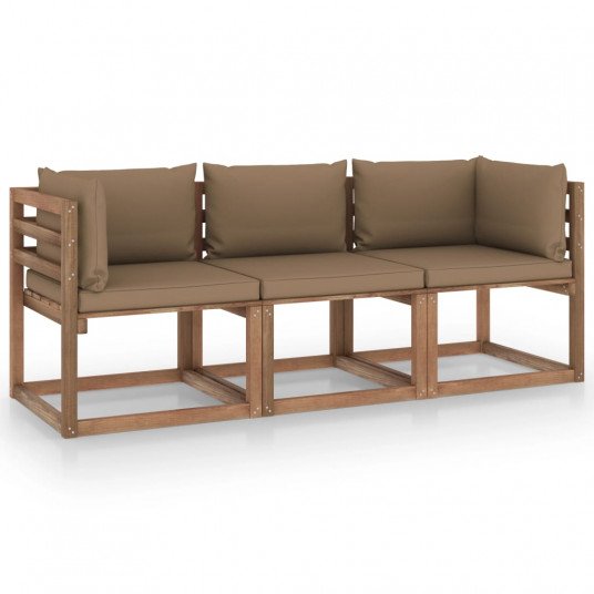 Trivietė sodo sofa iš palečių su taupe pagalvėlėmis, eglė