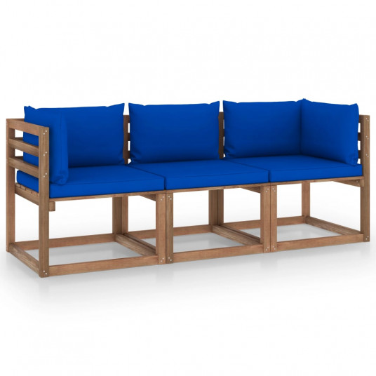 Trivietė sodo sofa iš palečių su mėlynomis pagalvėlėmis, eglė