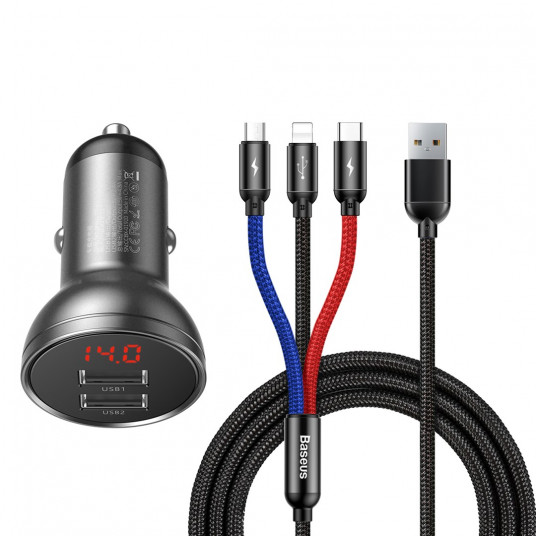  Baseus automobilinis įkroviklis su ekranu 24W + USB kabelis 3in1 Baseus Trys pagrindinės spalvos 1,2 m 