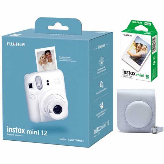  Momentinis fotoaparatas instax mini 12 CLAY WHITE+instax mini glossy (10pl)+originalus dėklas 