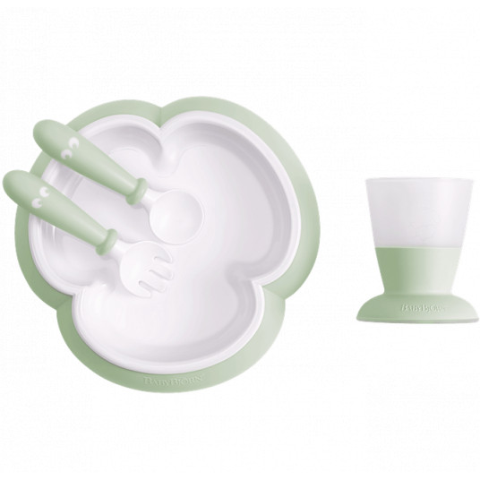  BABYBJÖRN indų rinkinys (lėkštė, šaukštelis, šakutė ir puodelis) Poweder Green 078161 