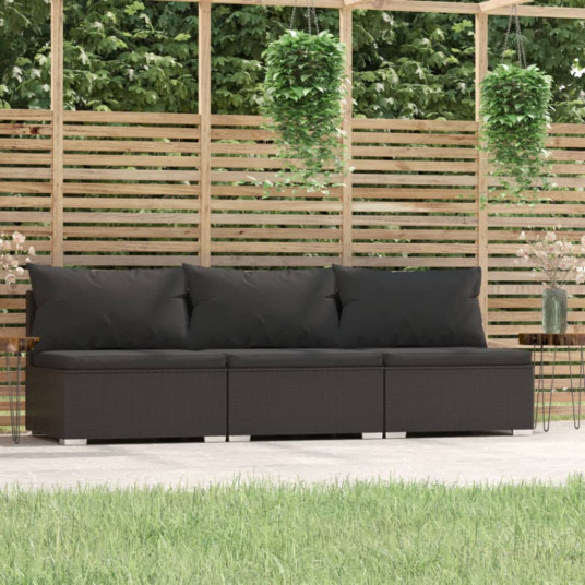  Trivietė sofa su pagalvėlėmis, juodos spalvos, poliratanas 