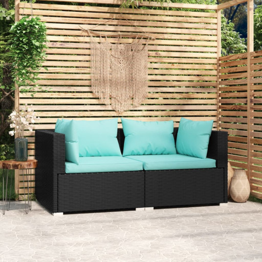  Dvivietė sofa su pagalvėlėmis, juodos spalvos, poliratanas 