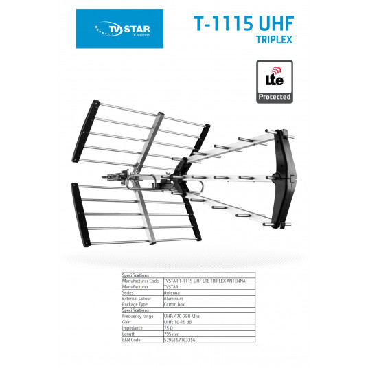  TV Antena eSTAR T-1115 UHF Triplex LTE Juoda 