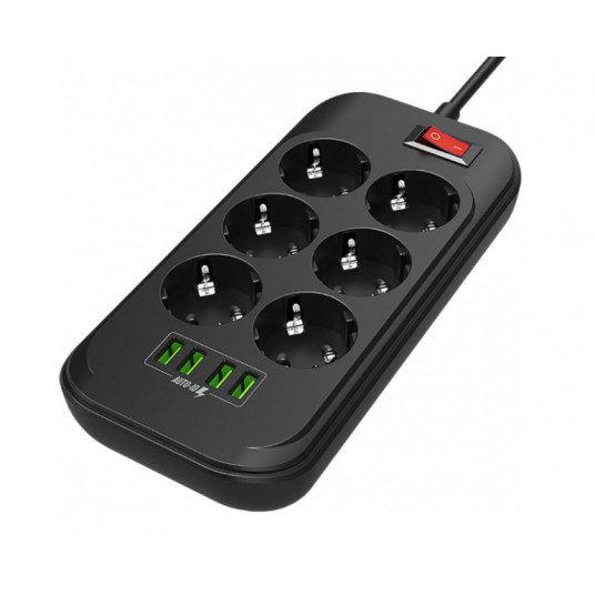  ColorWay Power Socket CW-CHE64B Black, 4xUSB, 2 m, 250 V, 6 euro sockets, 17 W 