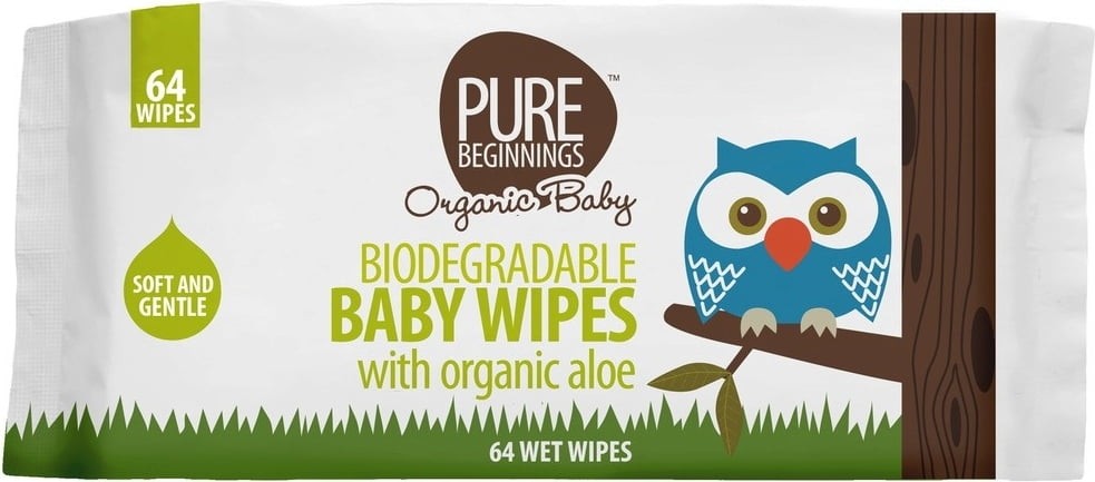 PURE BEGINNINGS kūdikių servetėlės su ekologišku alaviju, 64 vnt.