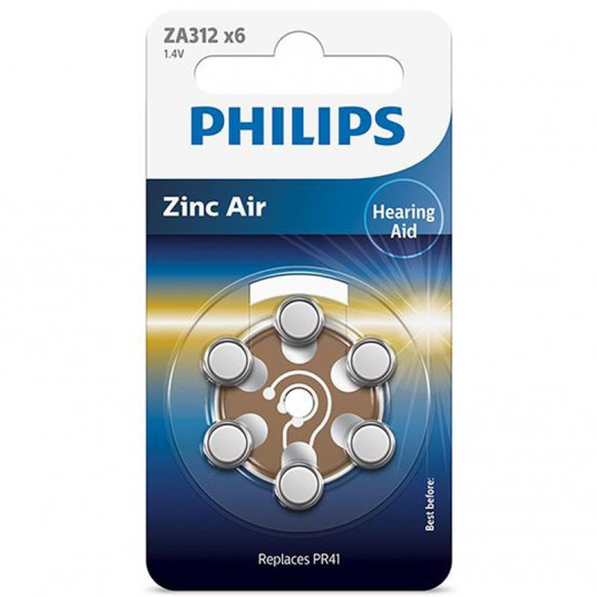  Battery Philips Zinc Air 1.4V 6-blister (PR41 / brown tab) 