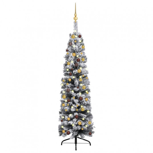  Siaura dirbtinė Kalėdų eglutė su LED/žaisliukais, žalia, 150cm 