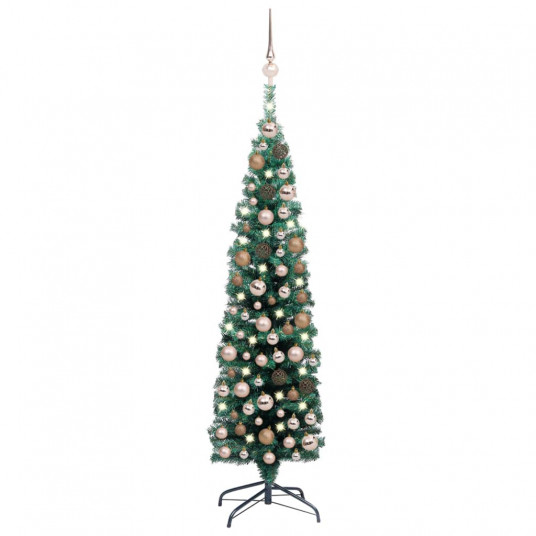  Siaura dirbtinė Kalėdų eglutė su LED/žaisliukais, žalia, 150cm 