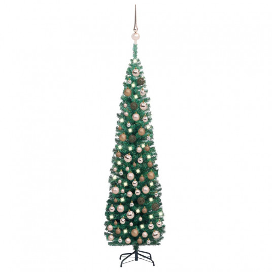 Siaura dirbtinė Kalėdų eglutė su LED/žaisliukais, žalia, 180cm