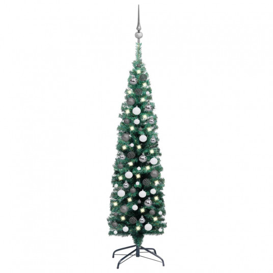Siaura dirbtinė Kalėdų eglutė su LED/žaisliukais, žalia, 150cm