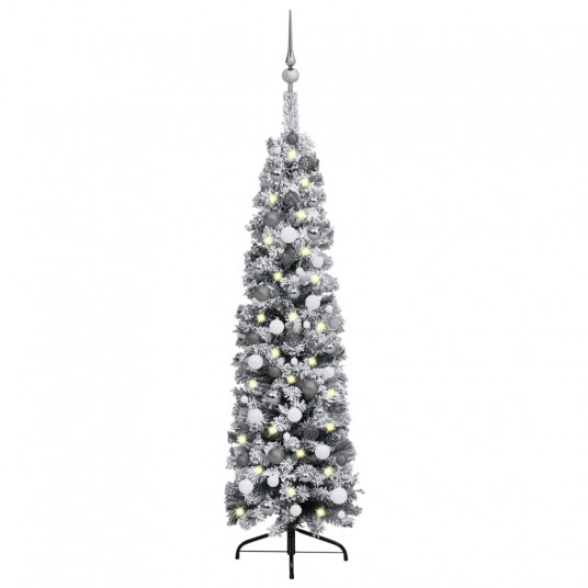 Siaura dirbtinė Kalėdų eglutė su LED/žaisliukais, žalia, 150cm