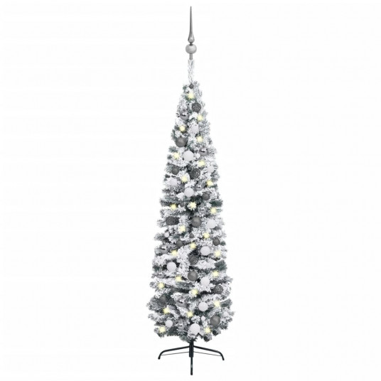 Siaura dirbtinė Kalėdų eglutė su LED/žaisliukais, žalia, 210cm
