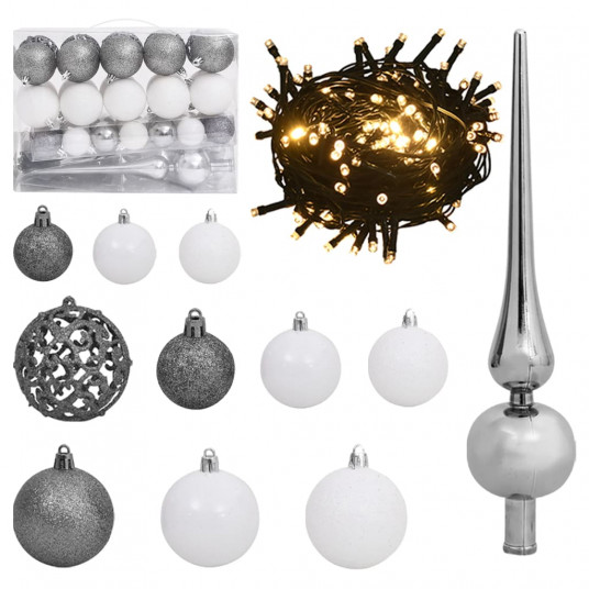  Eglutės žaisliukų rinkinys su viršūne ir 150 LED, 61 dalis 