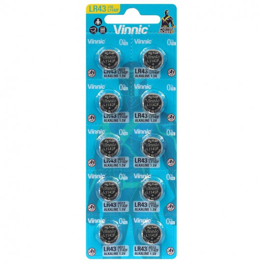  Šarminės baterijos Vinnic G12 / AG12 / L1142 / LR43 / 186 / V12GA / RW84 / D186 lizdinė plokštelė, 10 vnt. 