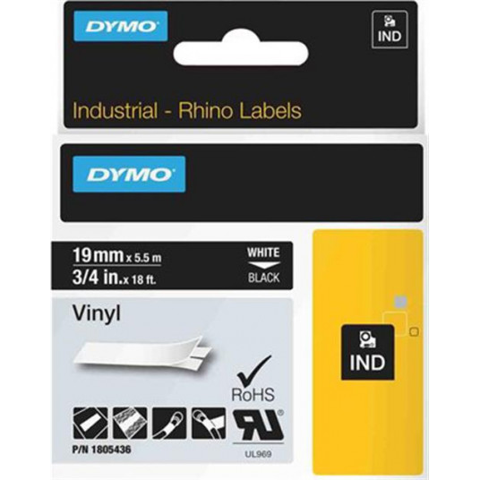  DYMO Rhino Professional, noticeable permanent vinyl tape, 19 mm, white text on black tape, 5.5m / 1805436 