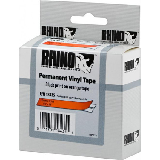  DYMO Rhino Professional, noticeable permanent vinyl tape, 12 mm, black text on orange tape, 5.5 m 18435 