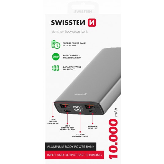  Swissten Power Bank Aluminum 10000 mAh 20W Power Delivery grey 