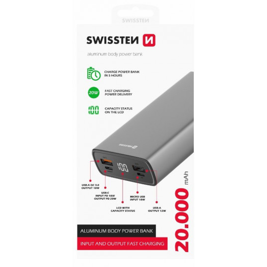  Swissten Power Bank 20000 mAh 20W Power Delivery grey 