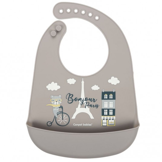 CANPOL BABIES silikoninis seilinukas su kišene BONJOUR PARIS, navy beige, 74/027_bei