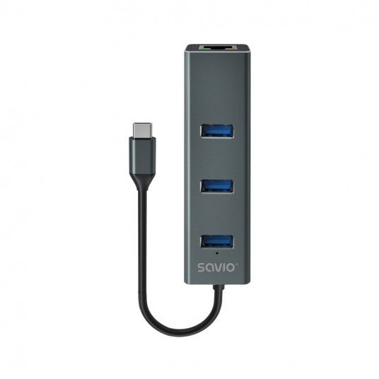  Savio AK-57 USB-C - 3 x USB-A šakotuvas su RJ-45 Gigabit Ethernet adapteriu, 5000 Mbps, pilkos spalvos 