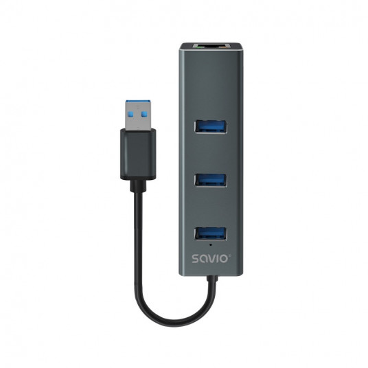  Savio AK-57 USB-A - 3 x USB-A šakotuvas su RJ-45 Gigabit Ethernet adapteriu, 5000 Mbps, pilkos spalvos 