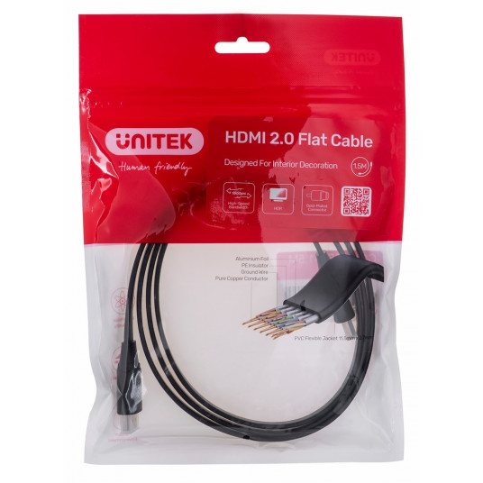  UNITEK HDMI KABELIS 2.0 4K60HZ, PLOKŠČIAS, 1,5 M 