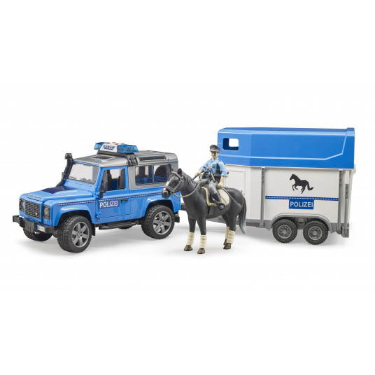  BRUDER policijos automobilis Land Rover Defender su žirgo priekaba, žirgas ir policininkas, 02588 