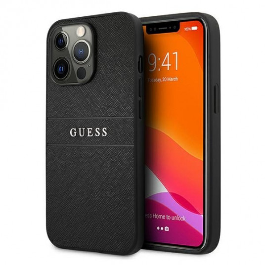 Guess GUHCP13LPSASBBK Saffiano Stripe Back Case for Apple iPhone 13 / 13 Pro Black